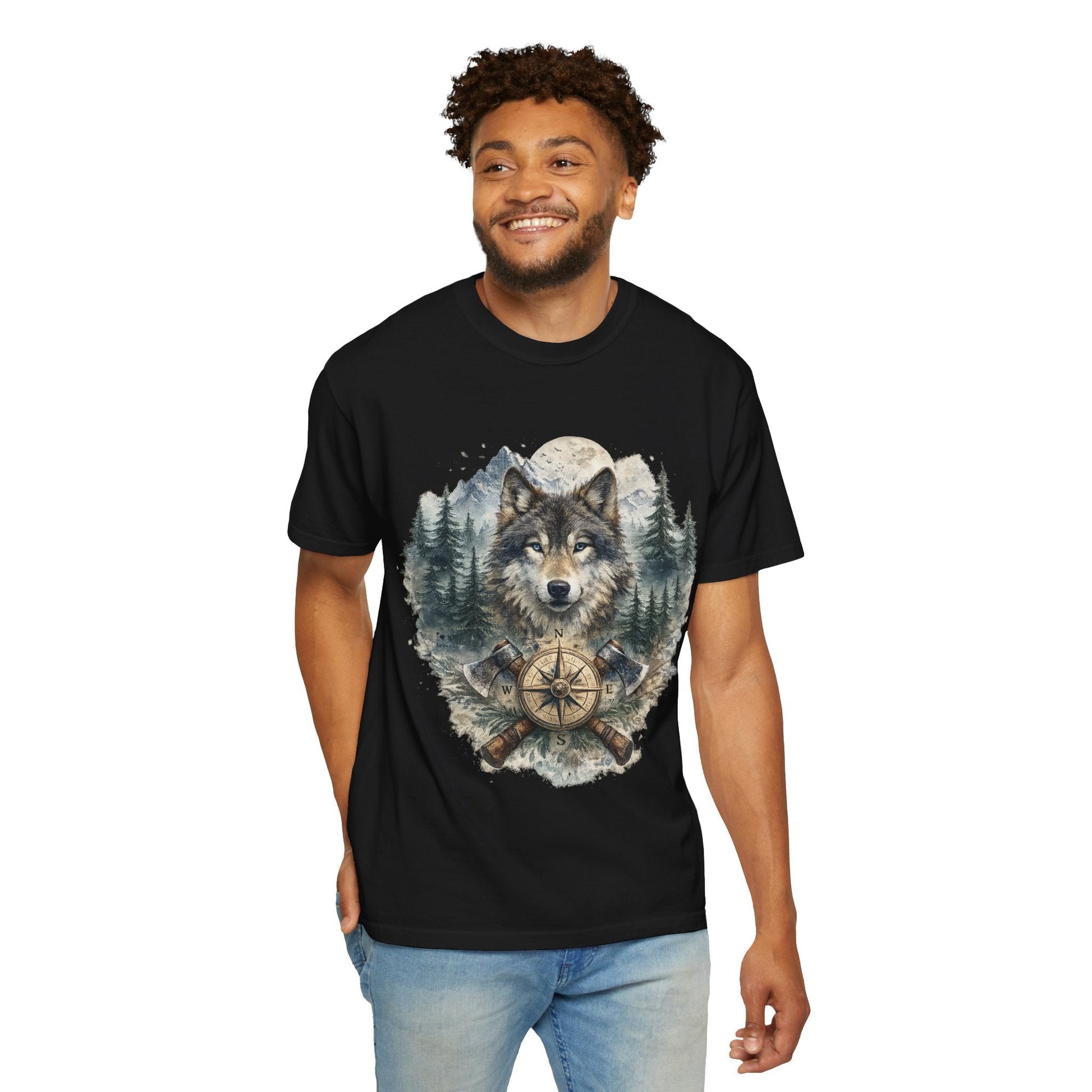 Lunar Wolf Compass Graphic T-Shirt – Vintage Wilderness Adventure Tee - JennyCool