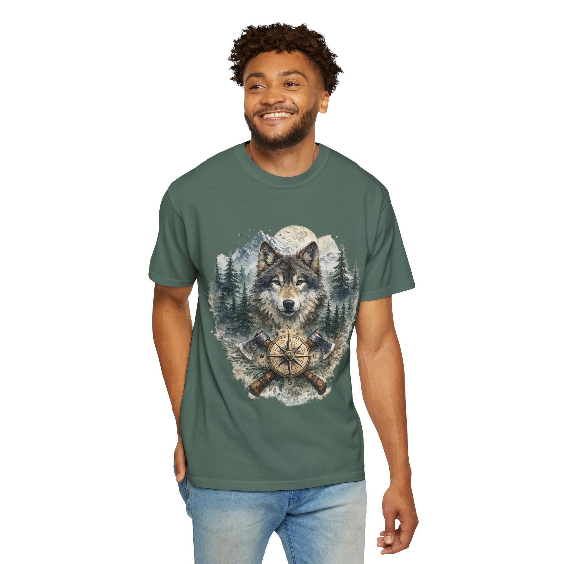 Lunar Wolf Compass Graphic T-Shirt – Vintage Wilderness Adventure Tee - JennyCool