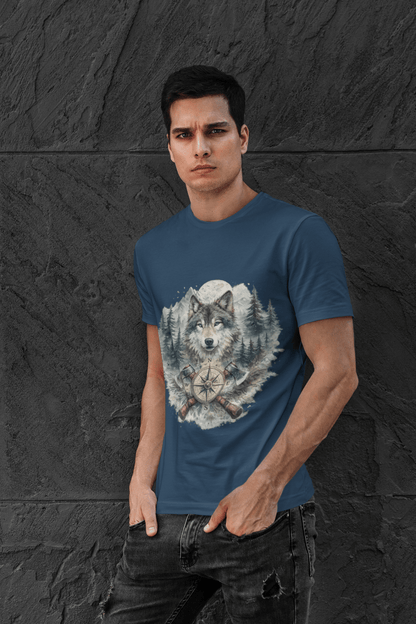 Lunar Wolf Compass Graphic T-Shirt – Vintage Wilderness Adventure Tee - JennyCool