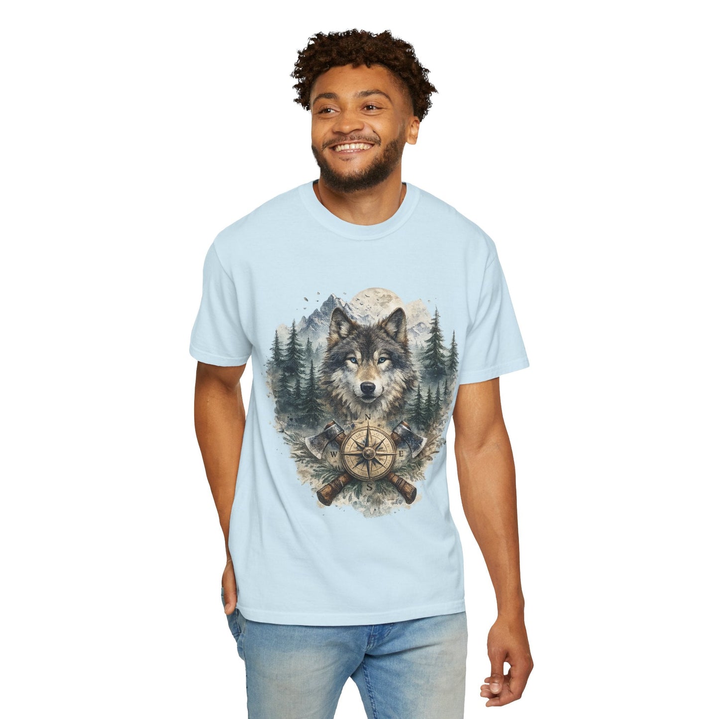 Lunar Wolf Compass Graphic T-Shirt – Vintage Wilderness Adventure Tee - JennyCool