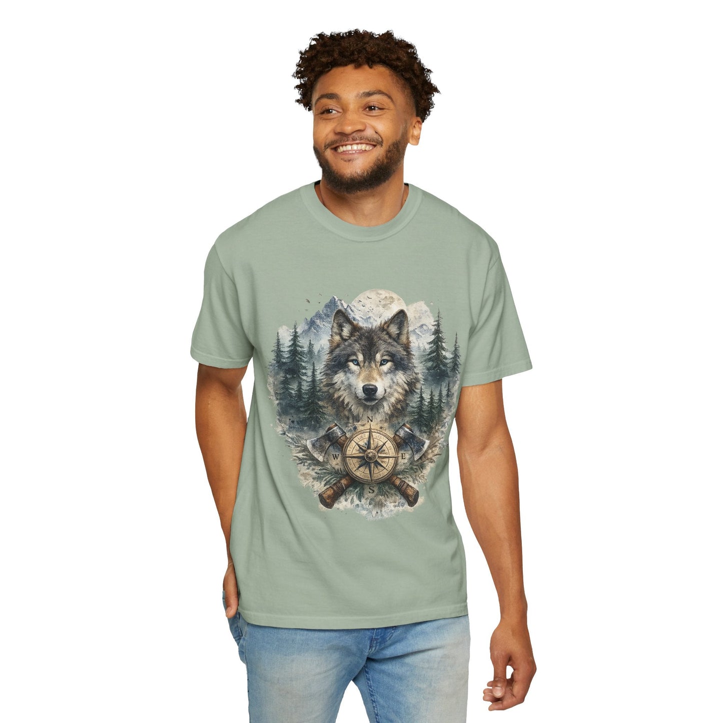 Lunar Wolf Compass Graphic T-Shirt – Vintage Wilderness Adventure Tee - JennyCool