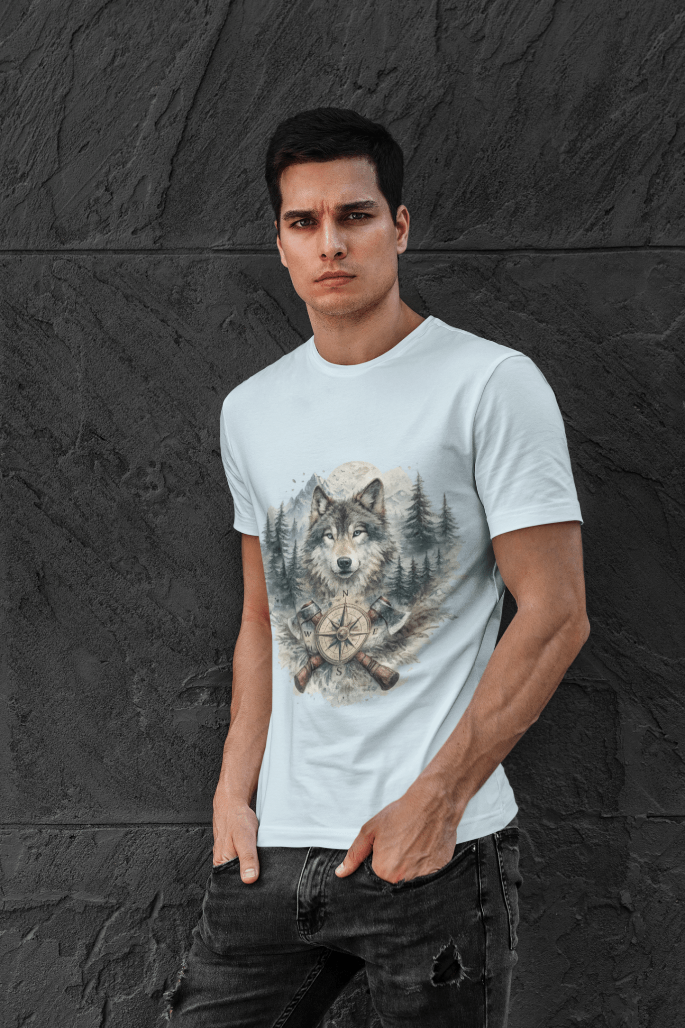 Lunar Wolf Compass Graphic T-Shirt – Vintage Wilderness Adventure Tee - JennyCool