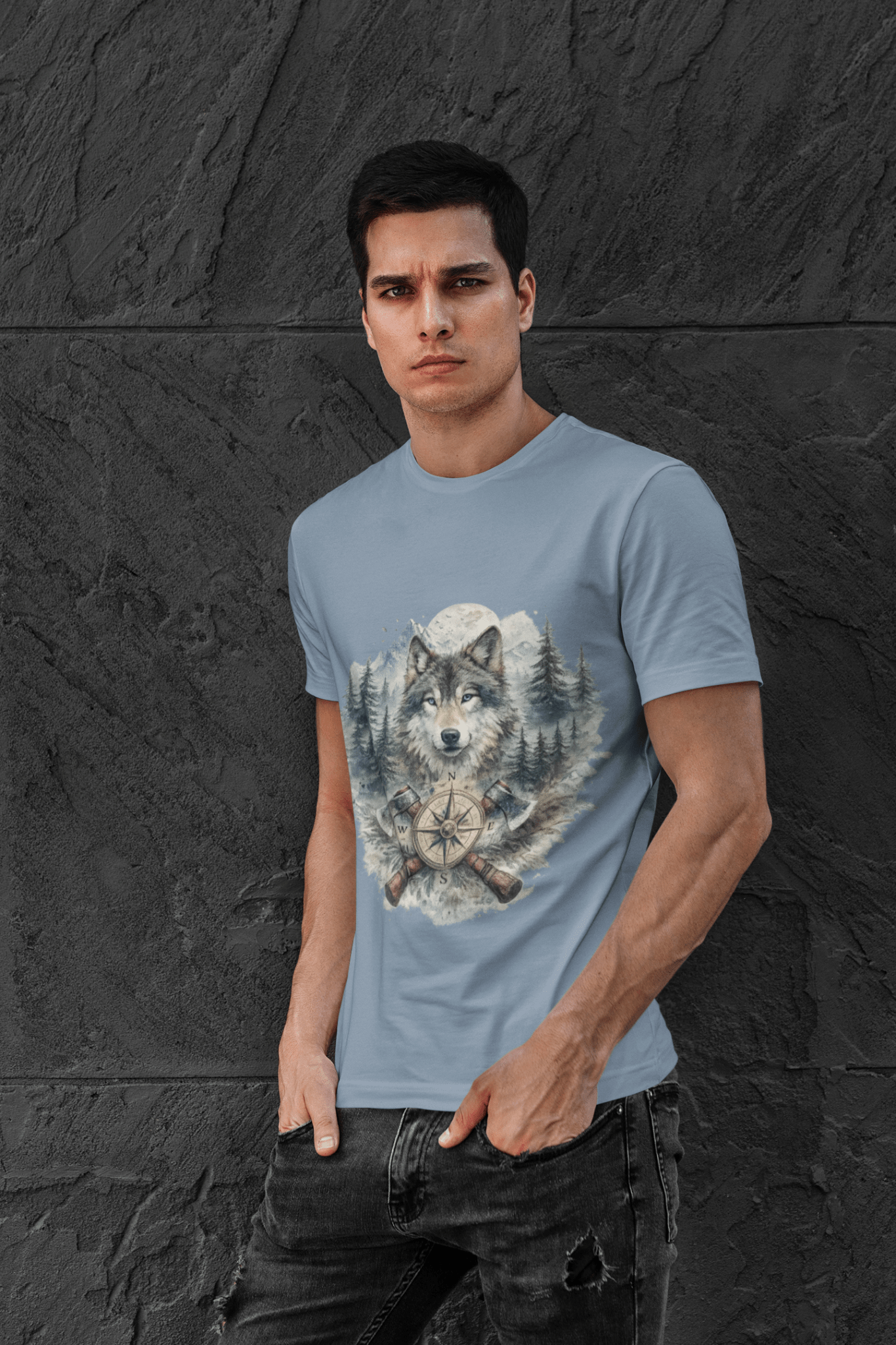 Lunar Wolf Compass Graphic T-Shirt – Vintage Wilderness Adventure Tee - JennyCool
