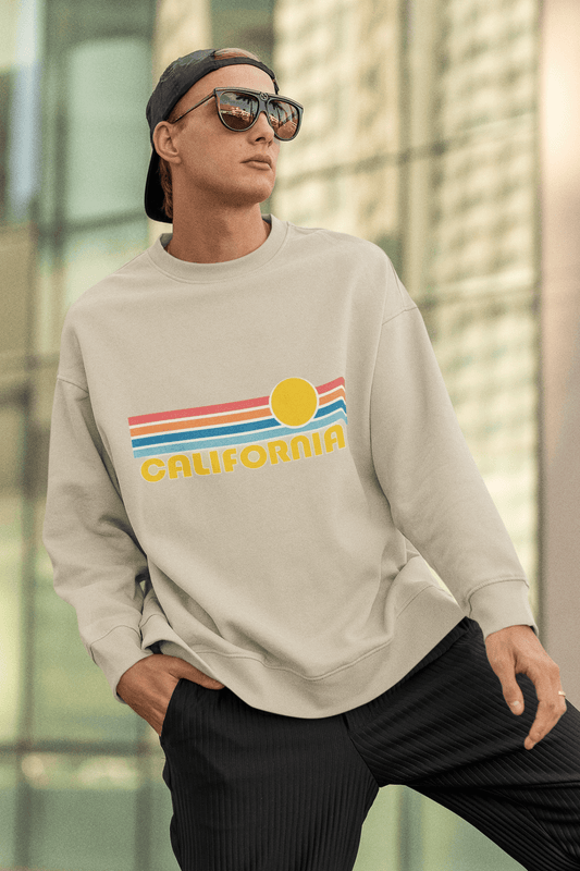 Men’s California Crewneck Sweatshirt – Retro Sunset Vintage Coastal Graphic - JennyCool