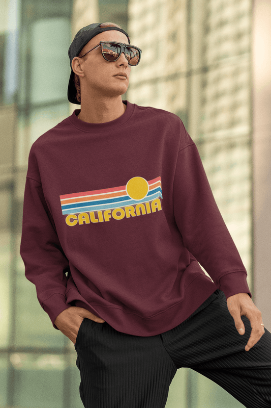 Men’s California Crewneck Sweatshirt – Retro Sunset Vintage Coastal Graphic - JennyCool