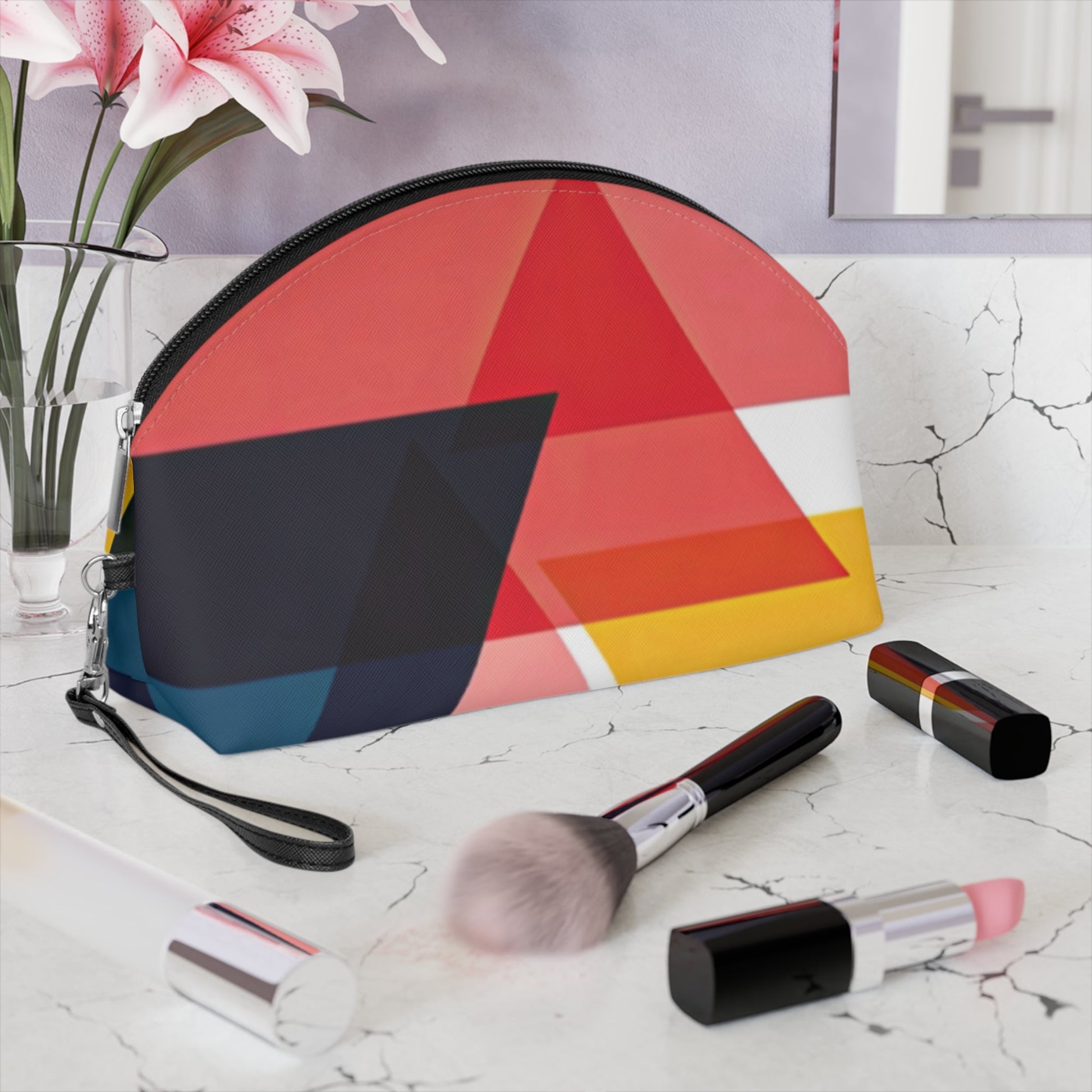 Modern Geometric Makeup Bag – Colorful Triangle Cosmetic Pouch with Wrist Strap | Travel Beauty Organizer | Mother’s Day Gift for Mom - JennyCool