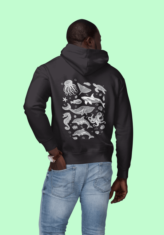 Ocean Sketch Heavyweight Hoodie – Marine Life Graphic Hoodie (10 oz Fleece) - JennyCool