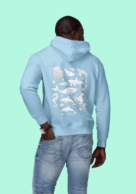 Ocean Sketch Heavyweight Hoodie – Marine Life Graphic Hoodie (10 oz Fleece) - JennyCool