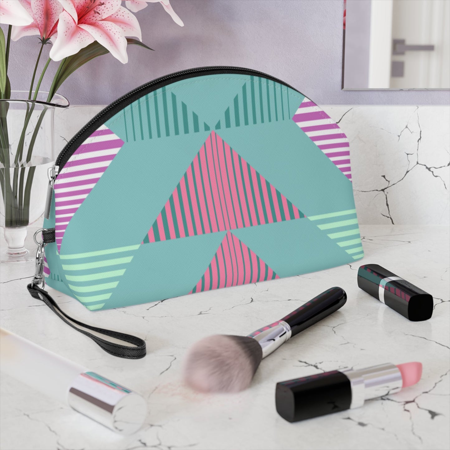 Pastel Geometric Makeup Bag – Modern Abstract Cosmetic Pouch, Faux Leather Travel Makeup Organizer - JennyCool