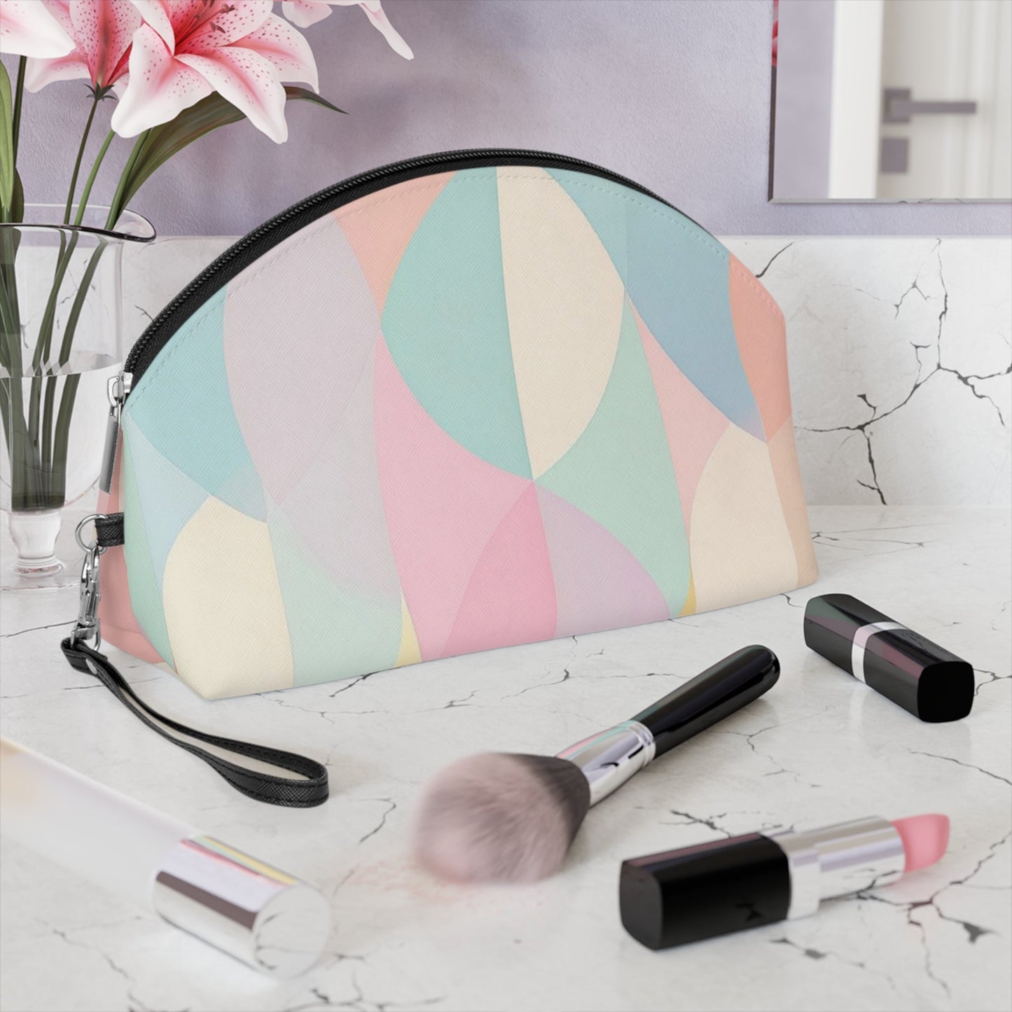 Pastel Geometric Makeup Bag – Soft Abstract Cosmetic Pouch with Wrist Strap | Modern Travel Beauty Organizer | Mother’s Day Gift - JennyCool