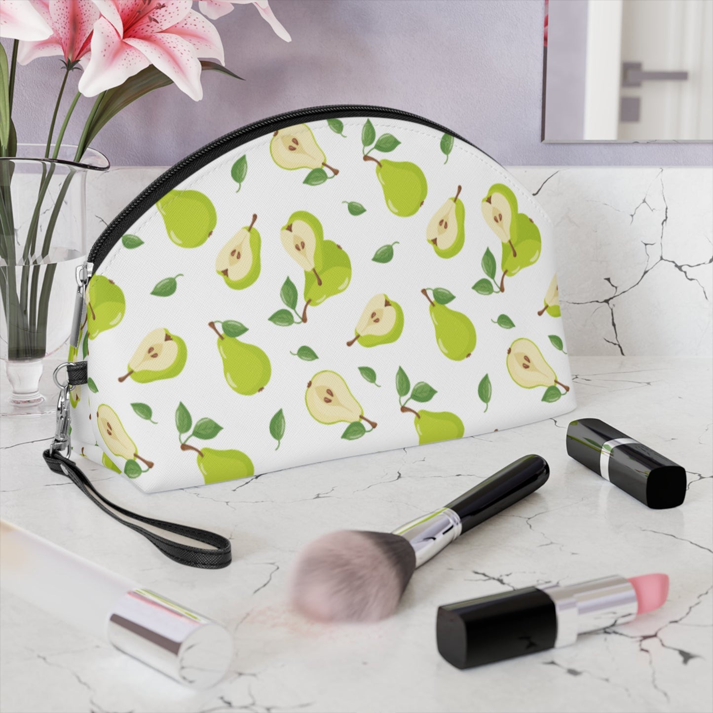 Pear Pattern Makeup Bag – Cute Green Pear Cosmetic Pouch with Wrist Strap | Fruit Travel Beauty Organizer | Mother’s Day Gift - JennyCool