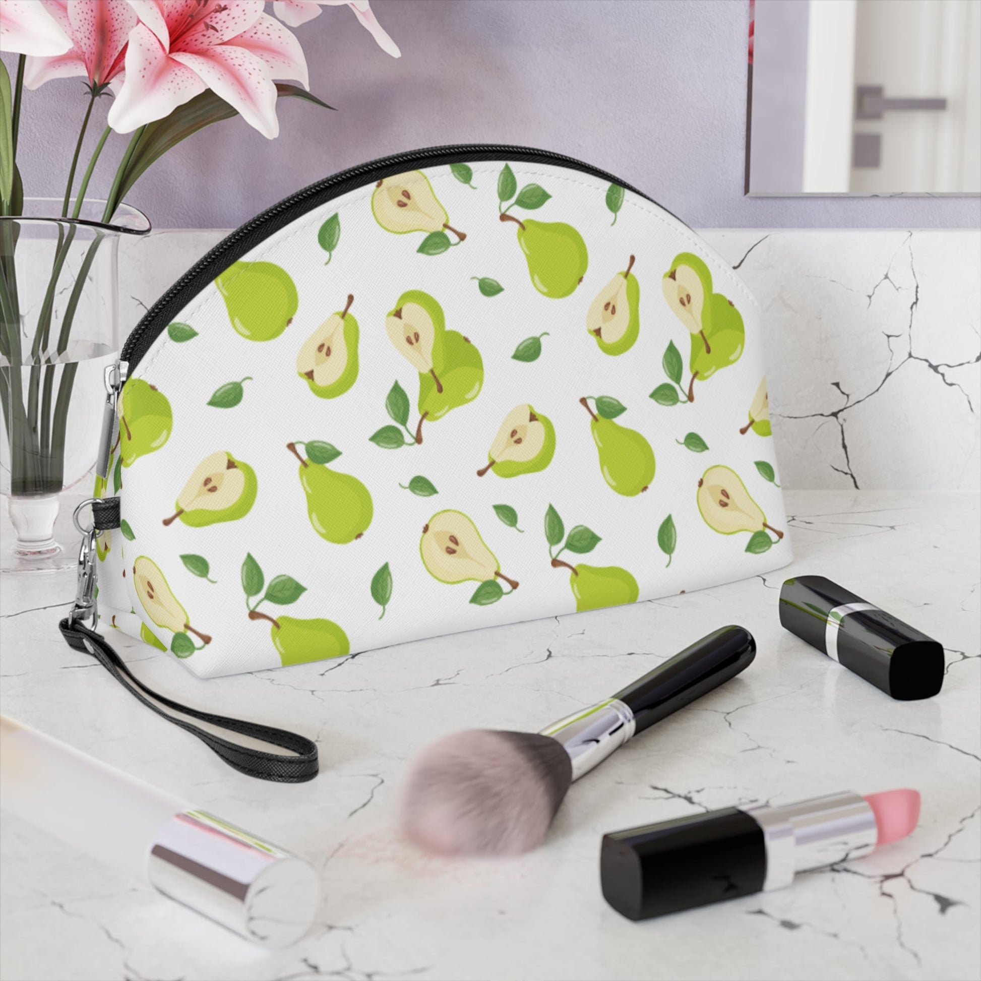 Pear Pattern Makeup Bag – Cute Green Pear Cosmetic Pouch with Wrist Strap | Fruit Travel Beauty Organizer | Mother’s Day Gift - JennyCool