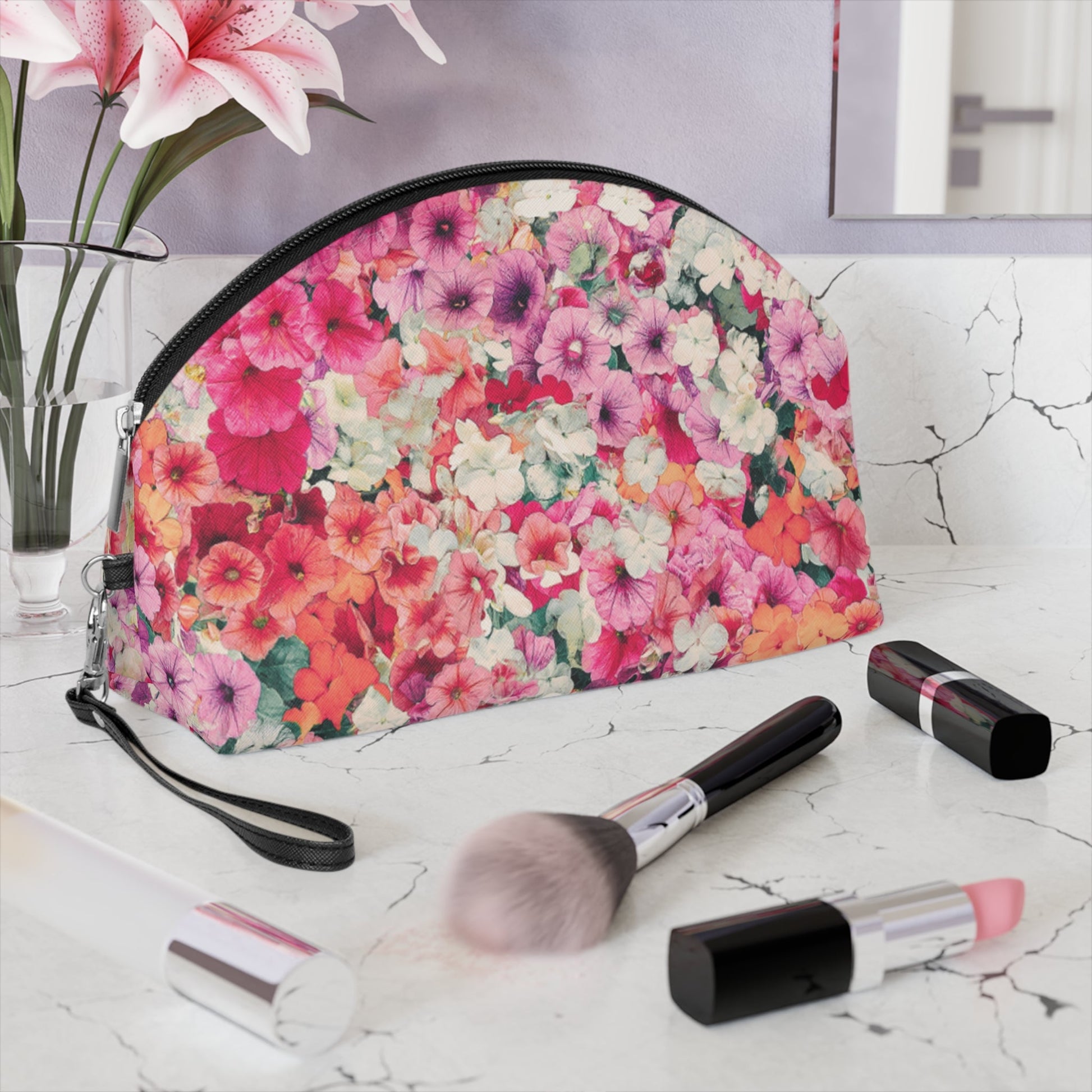Pink Floral Makeup Bag – Colorful Flower Cosmetic Pouch, Faux Leather Travel Makeup Organizer - JennyCool