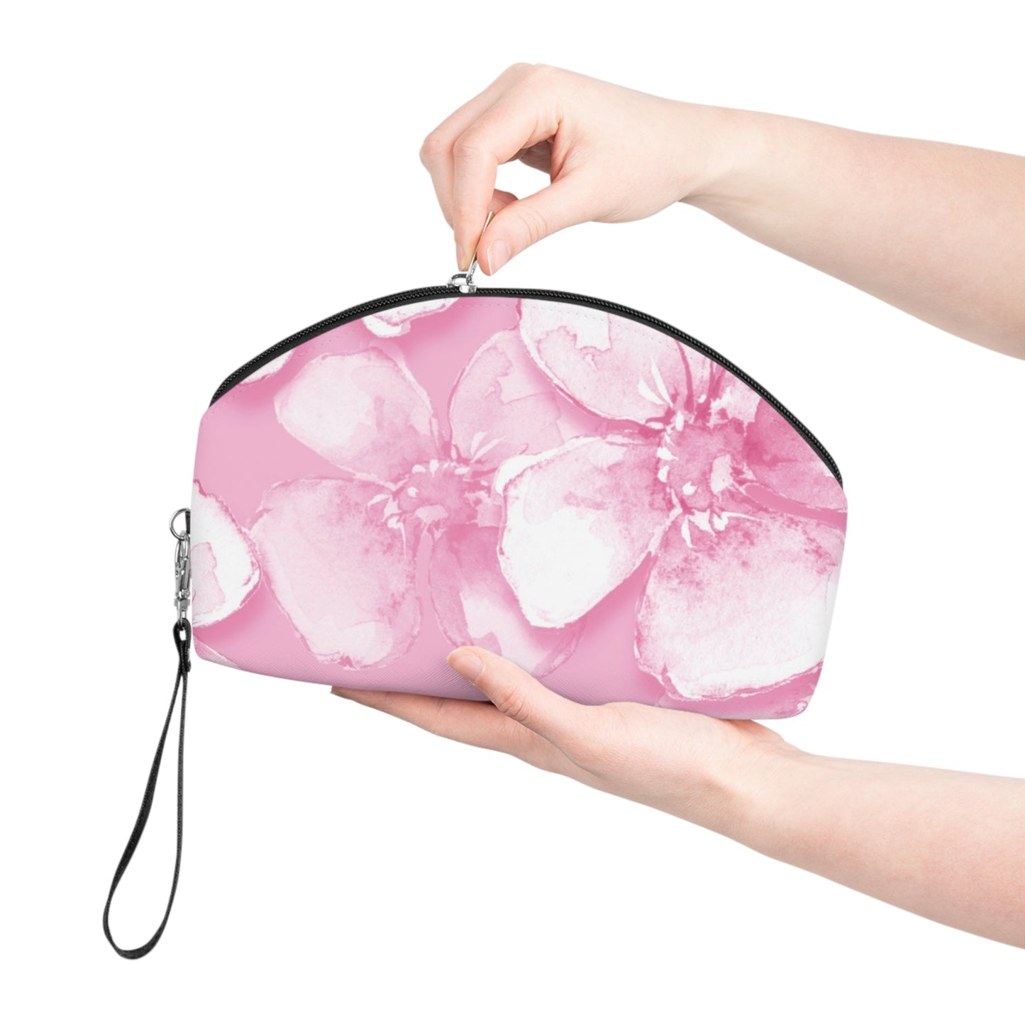 Pink Watercolor Floral Makeup Bag – Soft Pink Flower Cosmetic Pouch, Faux Leather Travel Makeup Organizer - JennyCool