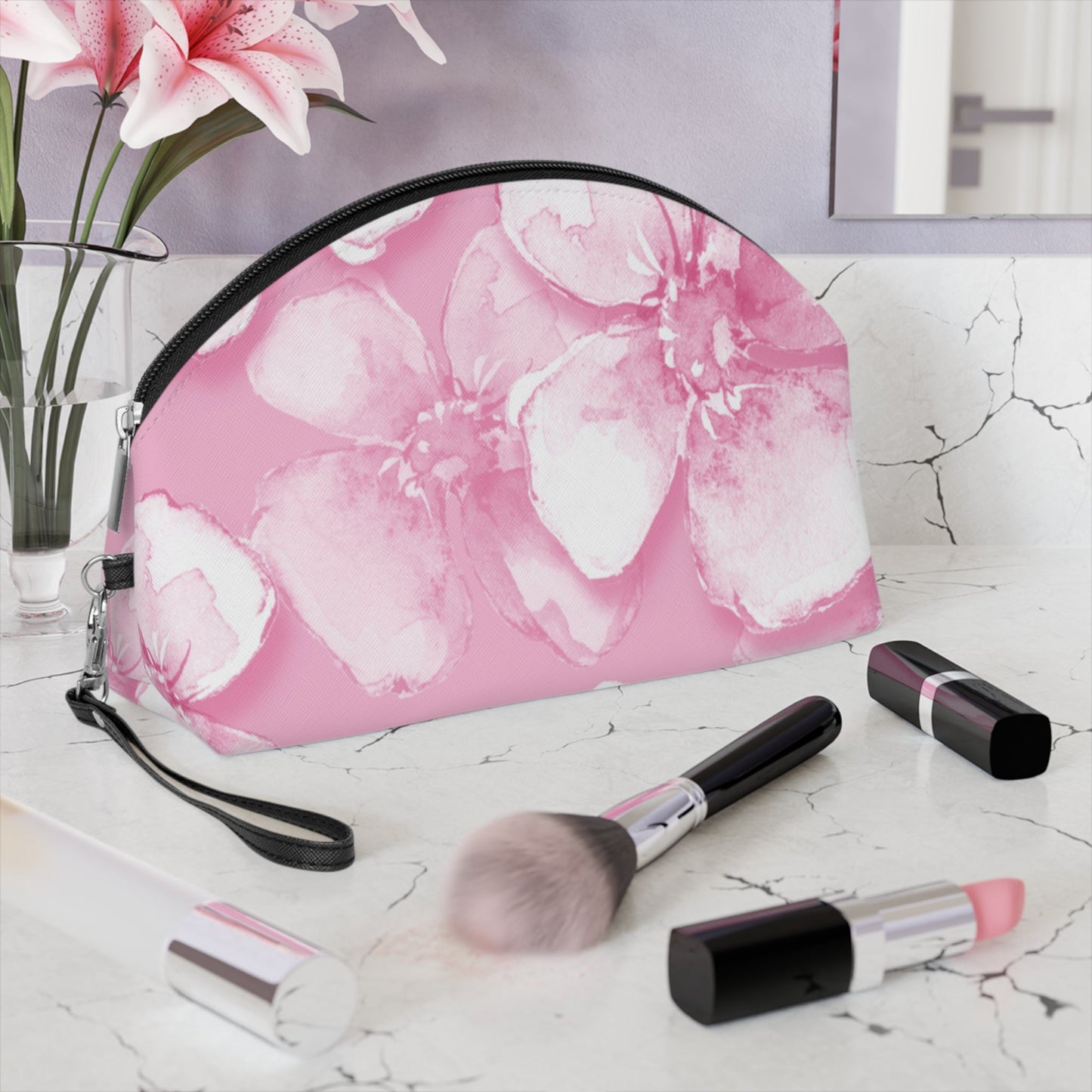 Pink Watercolor Floral Makeup Bag – Soft Pink Flower Cosmetic Pouch, Faux Leather Travel Makeup Organizer - JennyCool