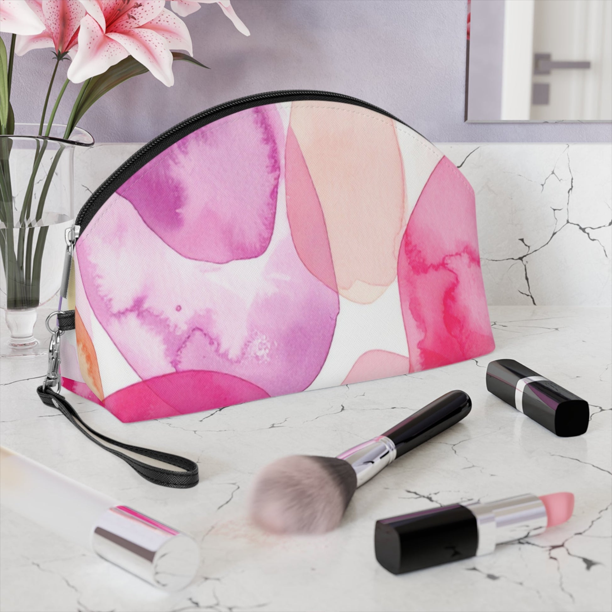 Pink Watercolor Makeup Bag – Abstract Cosmetic Pouch with Wrist Strap, Travel Makeup Organizer - JennyCool