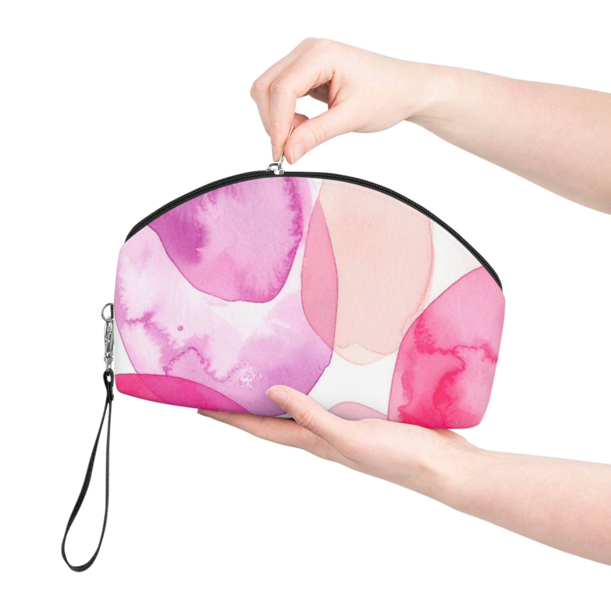 Pink Watercolor Makeup Bag – Abstract Cosmetic Pouch with Wrist Strap, Travel Makeup Organizer - JennyCool