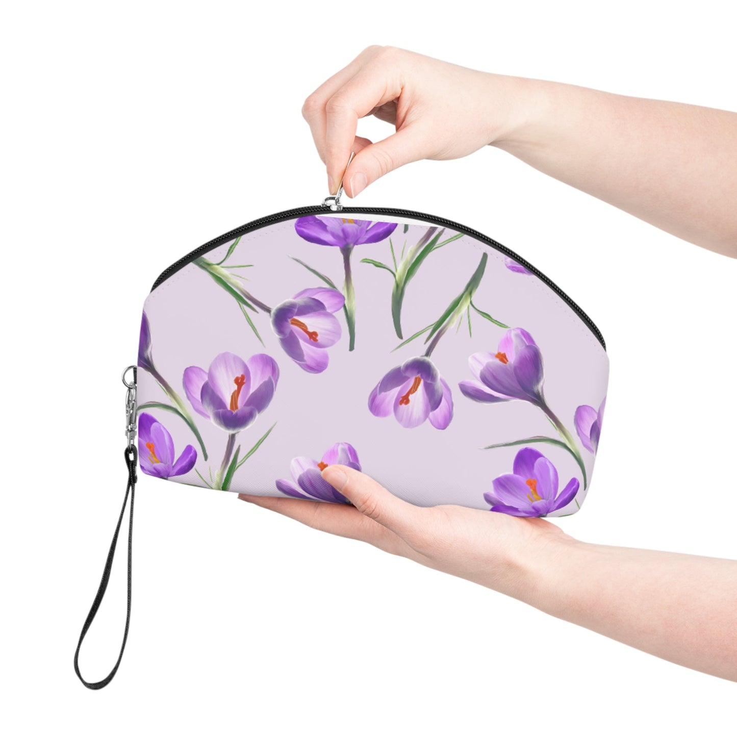 Purple Crocus Floral Makeup Bag – Lavender Flower Cosmetic Pouch, Faux Leather Travel Makeup Organizer - JennyCool