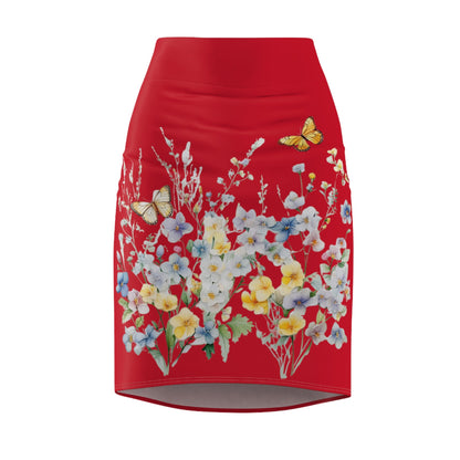 Red Women's Pencil Skirt (AOP) with Spring Flowers and Butterfly - JennyCool