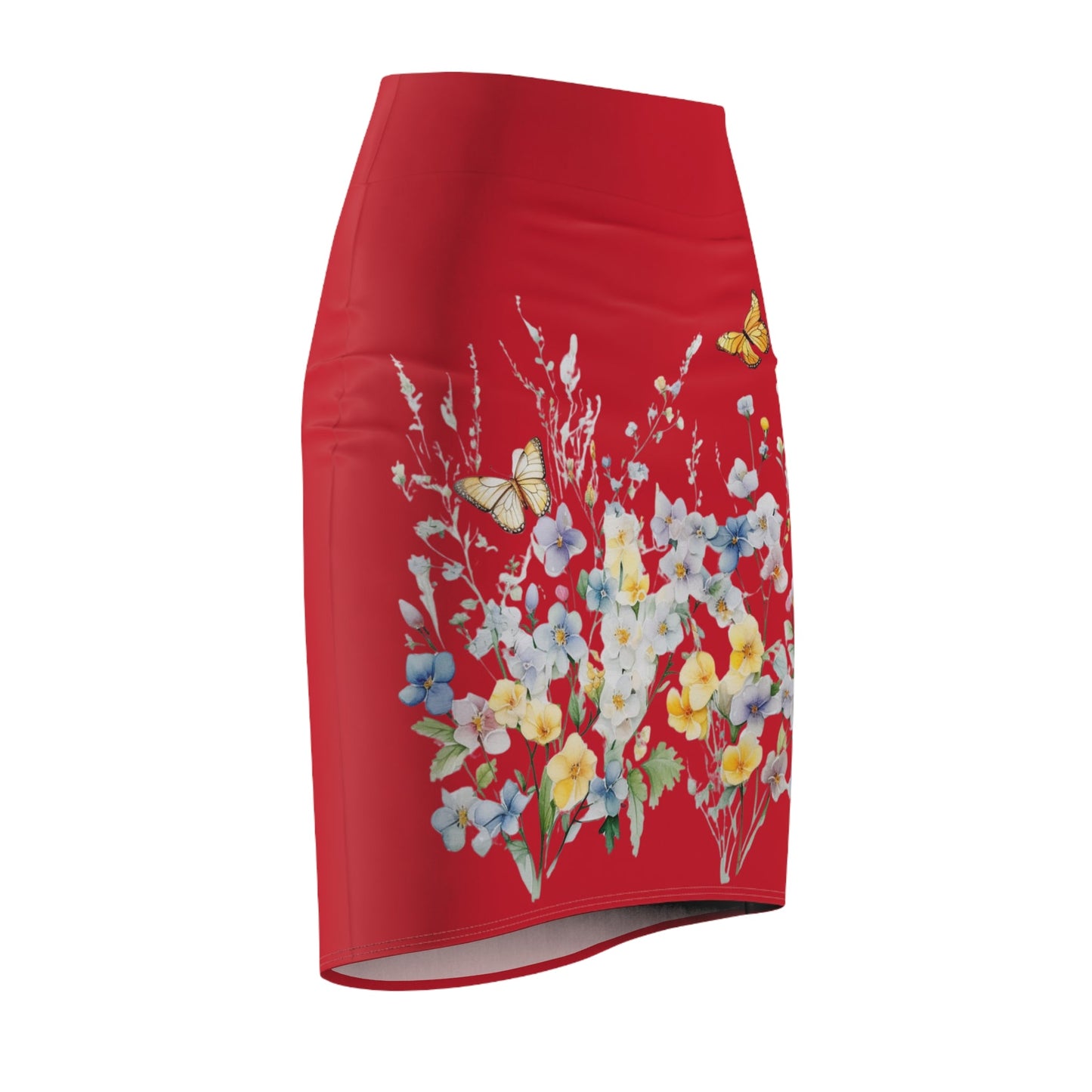 Red Women's Pencil Skirt (AOP) with Spring Flowers and Butterfly - JennyCool