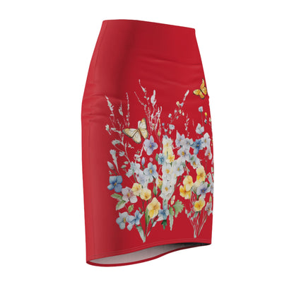 Red Women's Pencil Skirt (AOP) with Spring Flowers and Butterfly - JennyCool