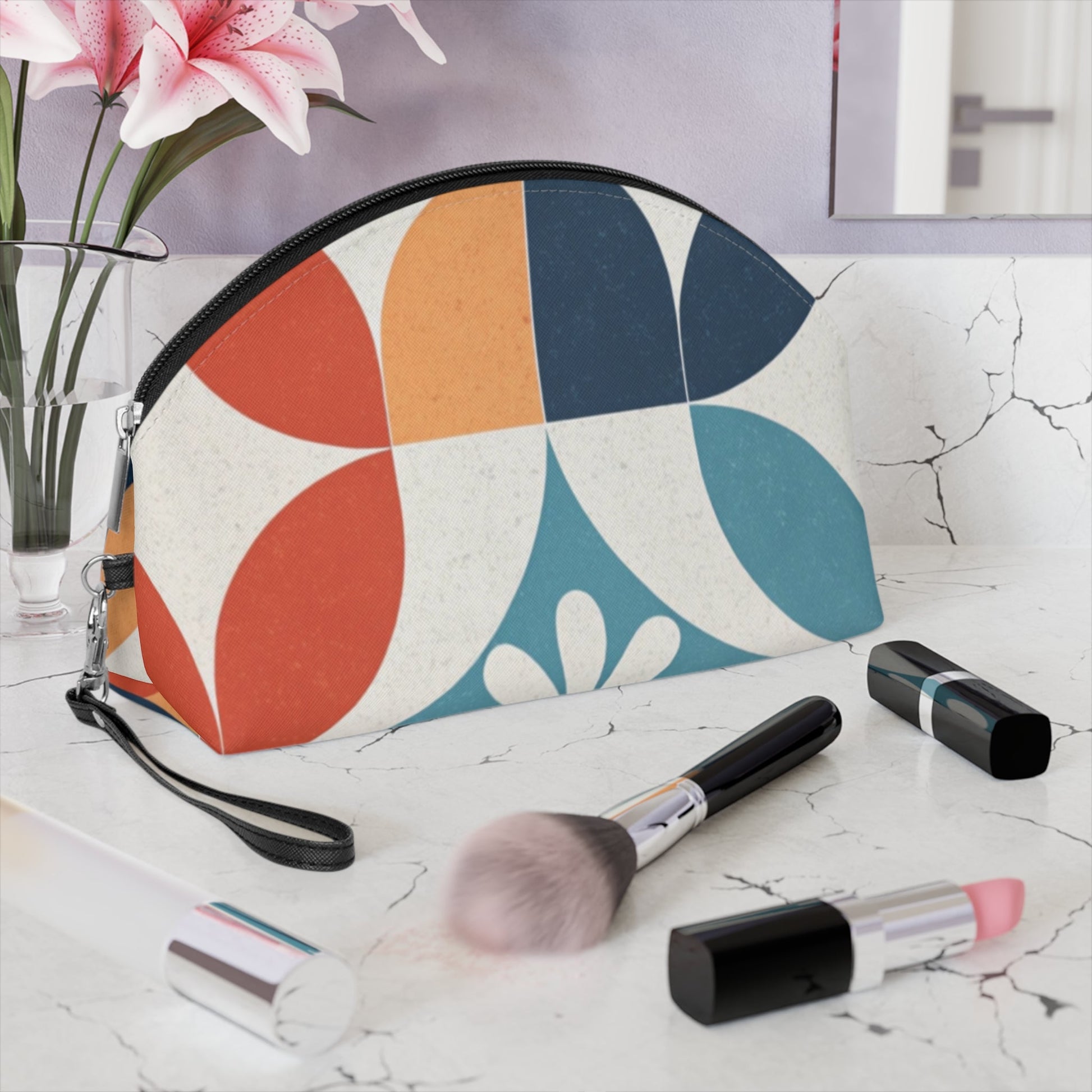 Retro Geometric Makeup Bag – Mid Century Modern Cosmetic Pouch, Faux Leather Travel Makeup Organizer - JennyCool
