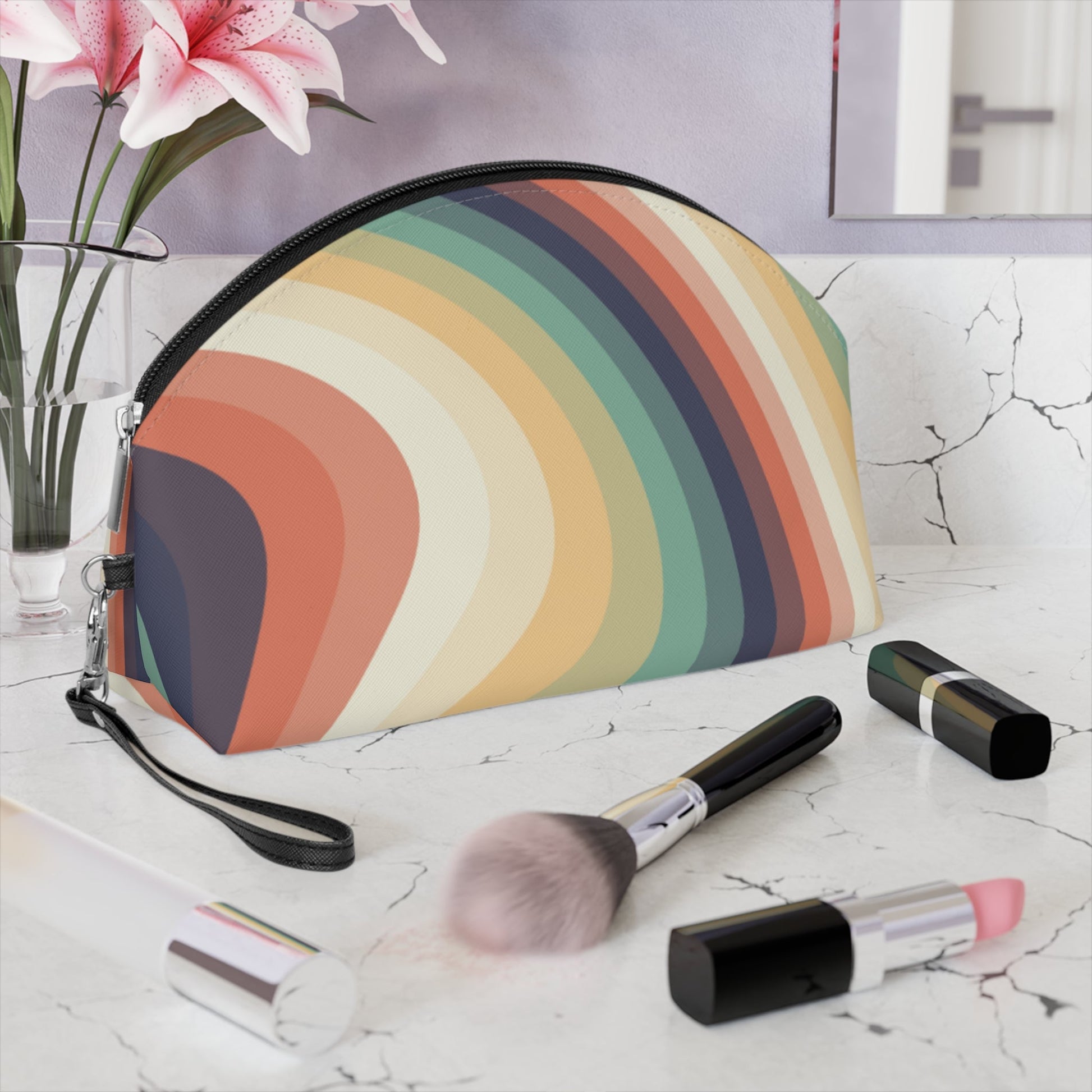 Retro Wave Makeup Bag – Vintage Rainbow Cosmetic Pouch with Wrist Strap | Groovy Travel Beauty Organizer | Mother’s Day Gift - JennyCool