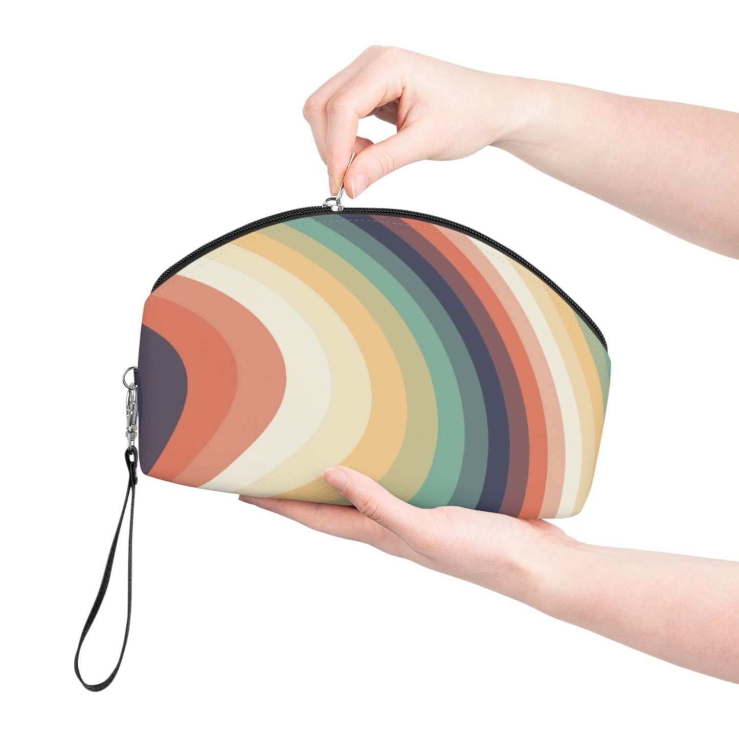 Retro Wave Makeup Bag – Vintage Rainbow Cosmetic Pouch with Wrist Strap | Groovy Travel Beauty Organizer | Mother’s Day Gift - JennyCool