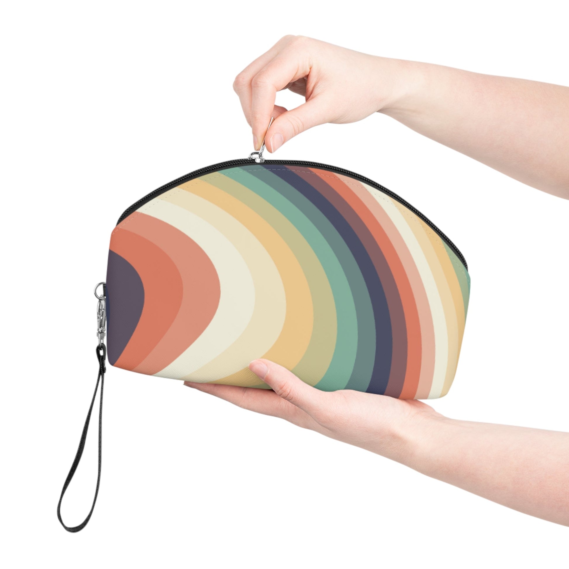 Retro Wave Makeup Bag – Vintage Rainbow Cosmetic Pouch with Wrist Strap | Groovy Travel Beauty Organizer | Mother’s Day Gift - JennyCool
