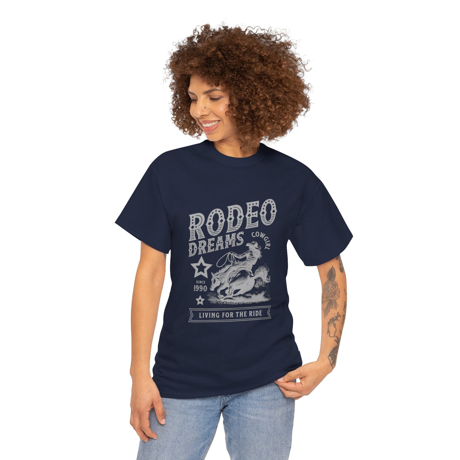 Rodeo Dreams Cowgirl Vintage Western Graphic T-Shirt – Living for the Ride Women's Rodeo Tee - JennyCool
