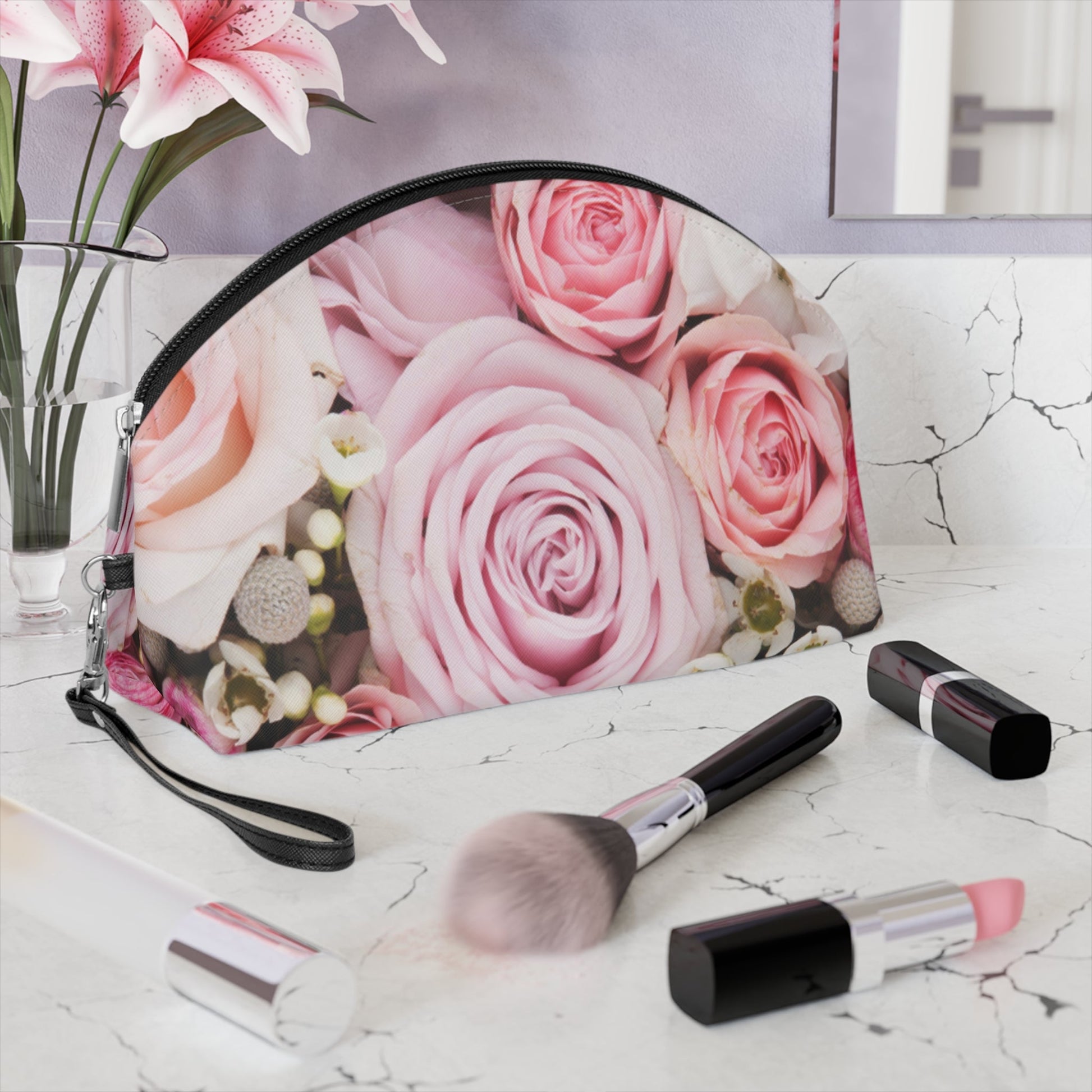 Rose Floral Makeup Bag – Pink Rose Cosmetic Pouch, Faux Leather Travel Makeup Organizer - JennyCool