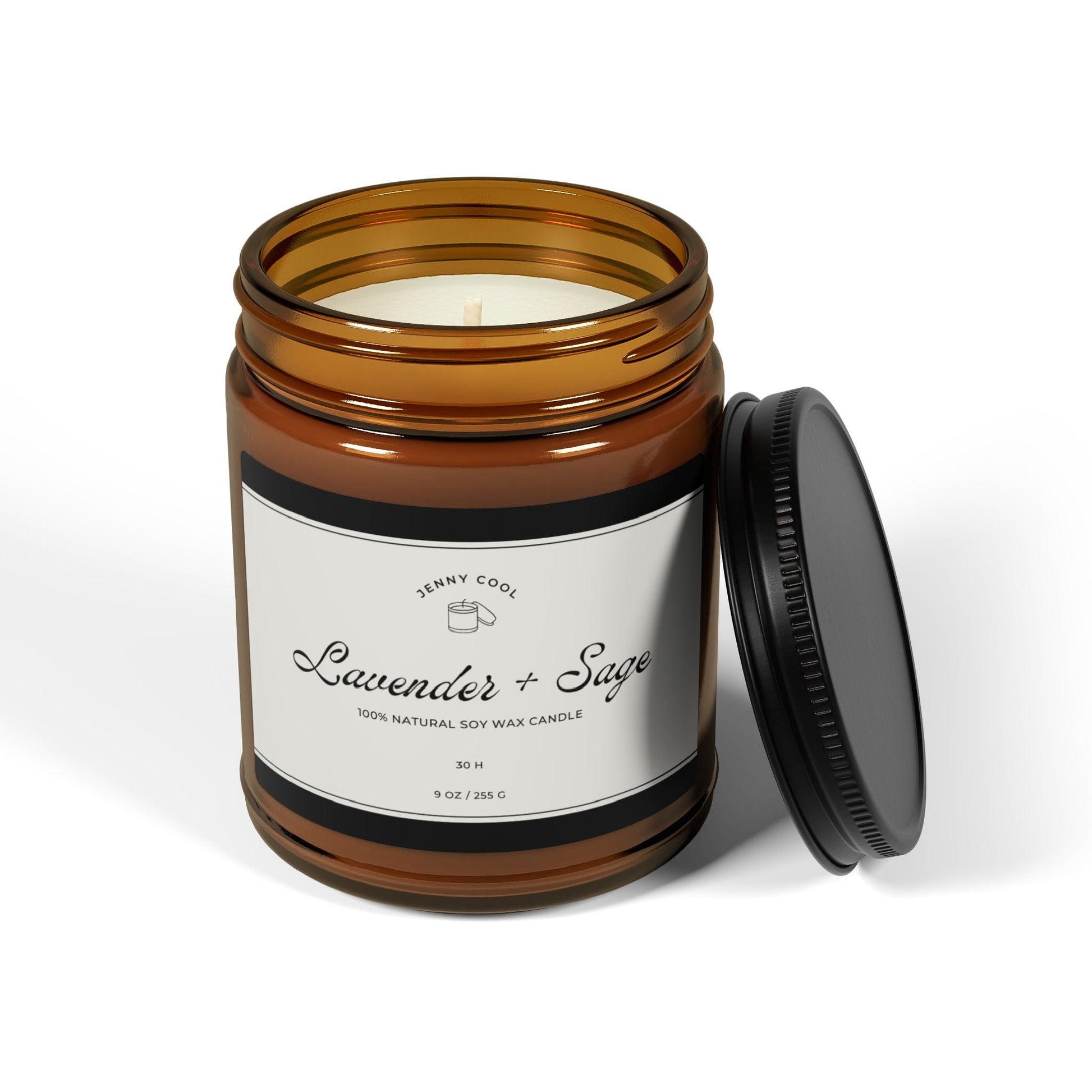 Scented Soy Candle, White Sage + Lavender (Multi - Size, Amber Jar) - JennyCool