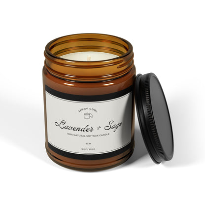 Scented Soy Candle, White Sage + Lavender (Multi - Size, Amber Jar) - JennyCool