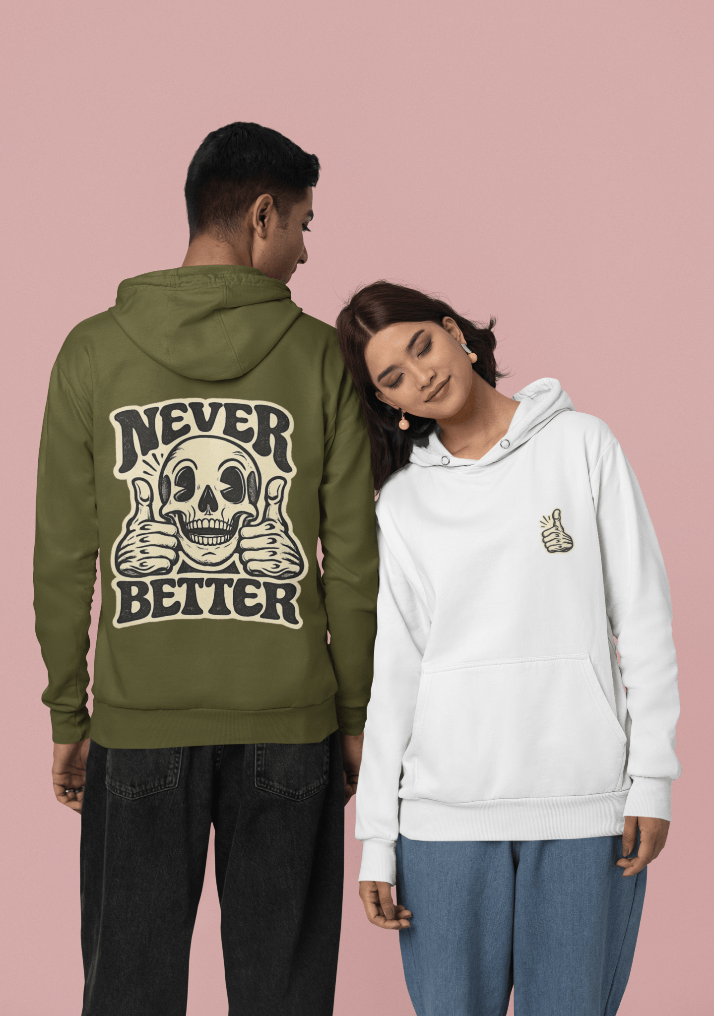 Skull "Never Better" Hoodie — Vintage Thumbs - Up Graphic - JennyCool