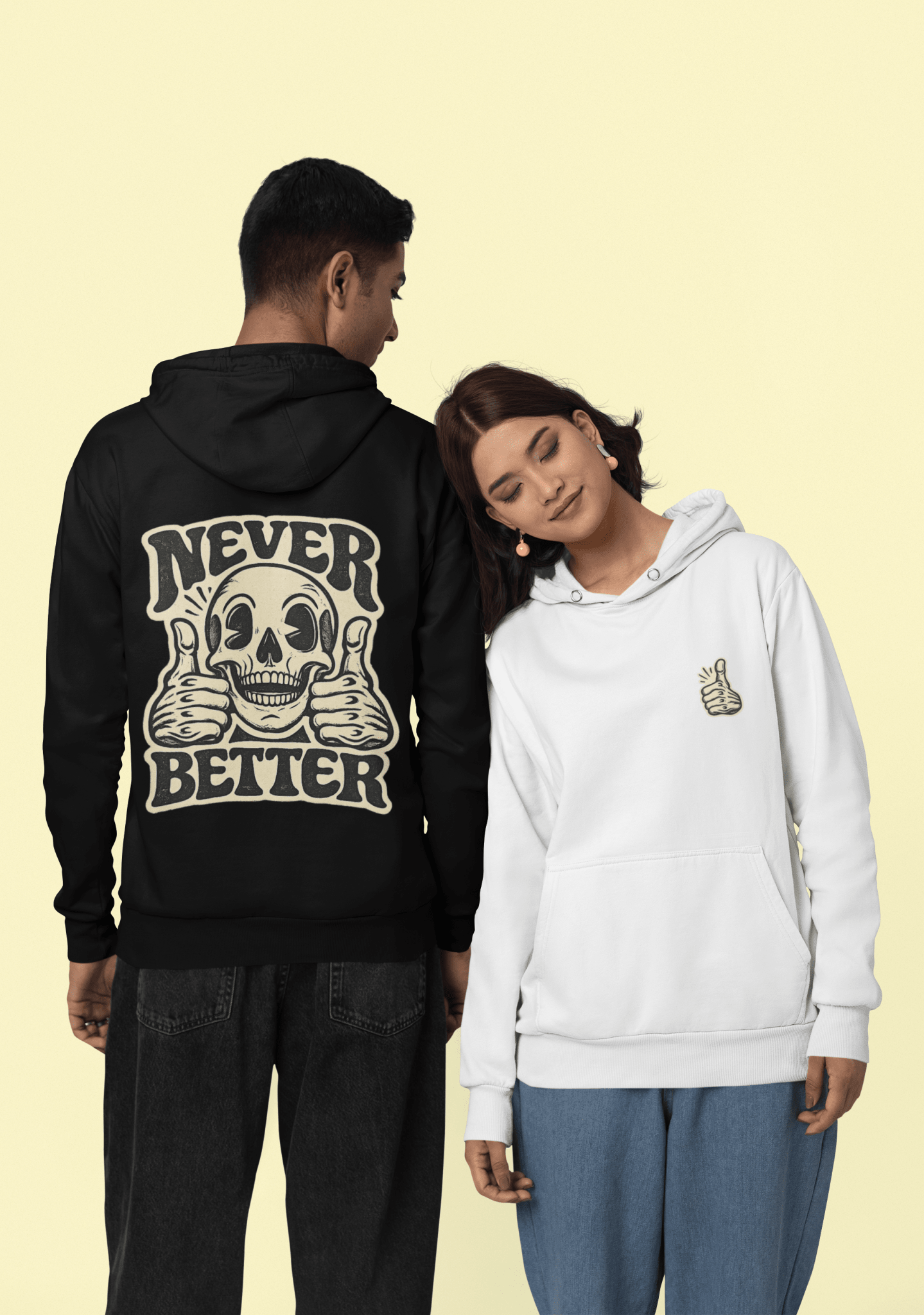Skull "Never Better" Hoodie — Vintage Thumbs - Up Graphic - JennyCool