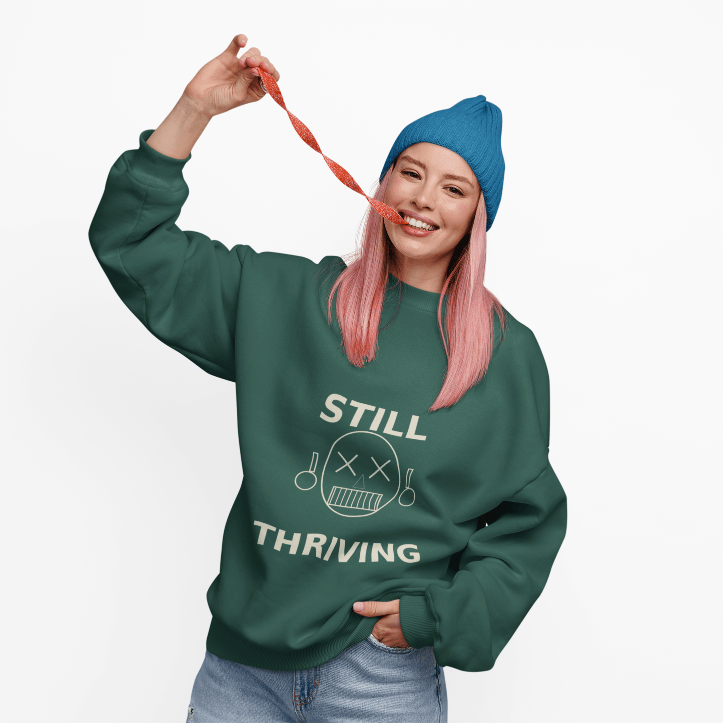 Still Thriving Crewneck Sweatshirt – Unisex Oversized Graphic Pullover, Dark Humor Skull Sweater, Minimal Streetwear Cre - JennyCool