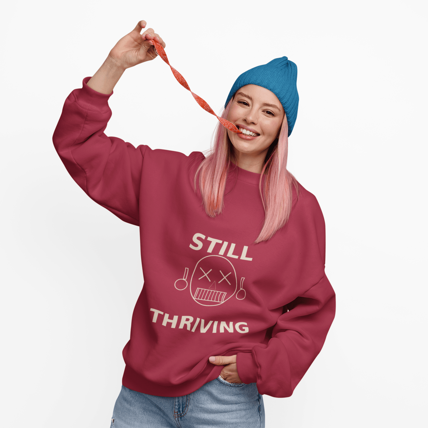 Still Thriving Crewneck Sweatshirt – Unisex Oversized Graphic Pullover, Dark Humor Skull Sweater, Minimal Streetwear Cre - JennyCool