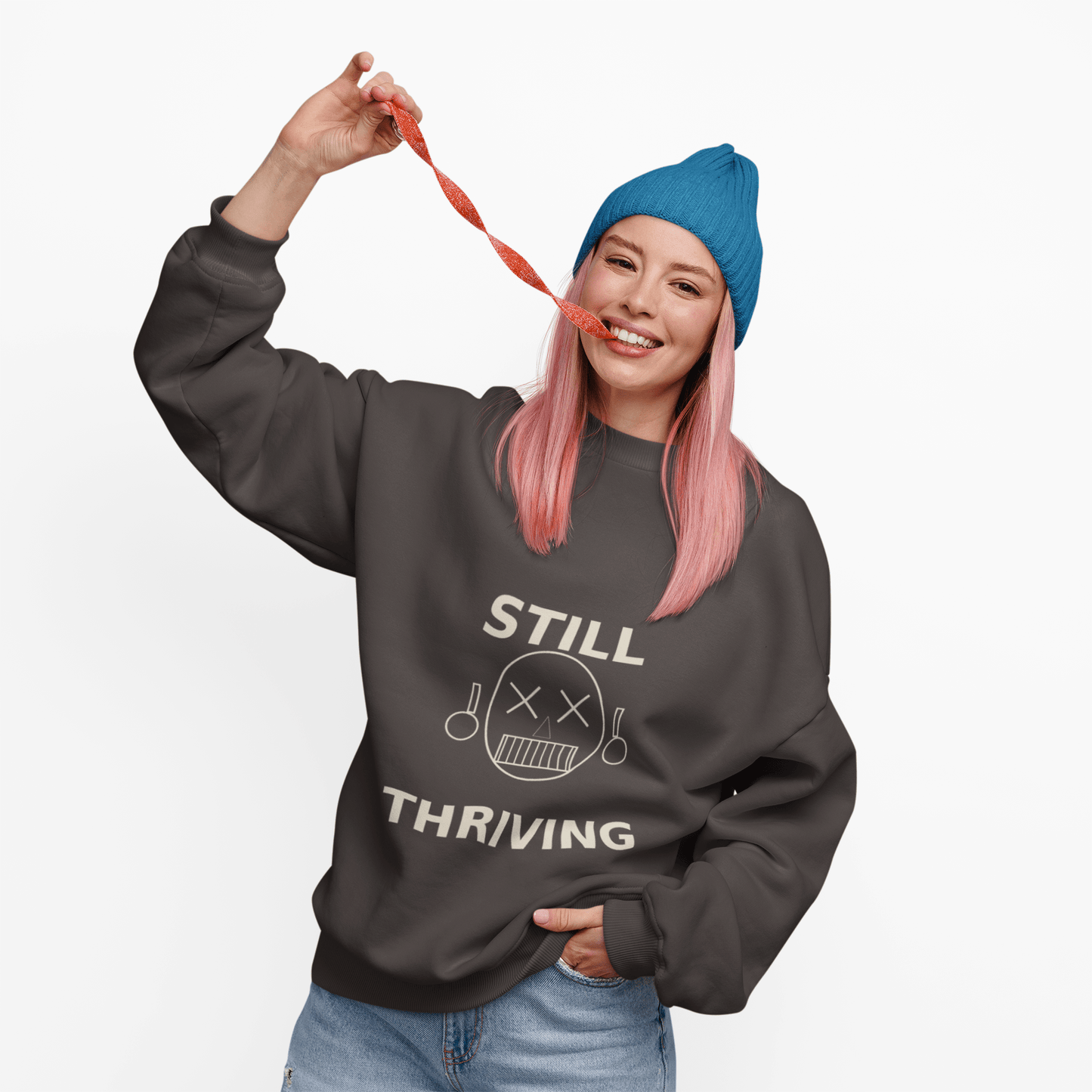 Still Thriving Crewneck Sweatshirt – Unisex Oversized Graphic Pullover, Dark Humor Skull Sweater, Minimal Streetwear Cre - JennyCool