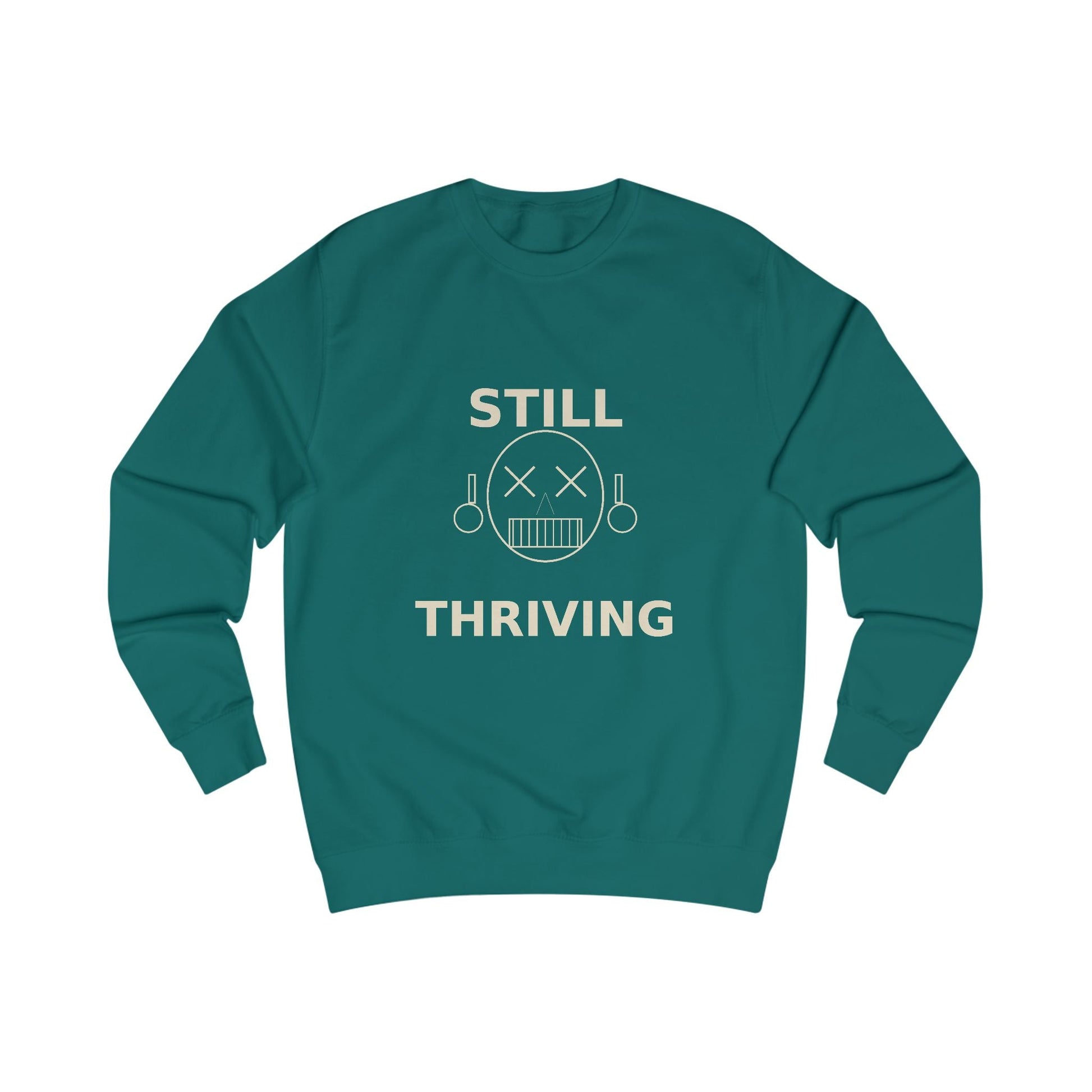 Still Thriving Crewneck Sweatshirt – Unisex Oversized Graphic Pullover, Dark Humor Skull Sweater, Minimal Streetwear Cre - JennyCool