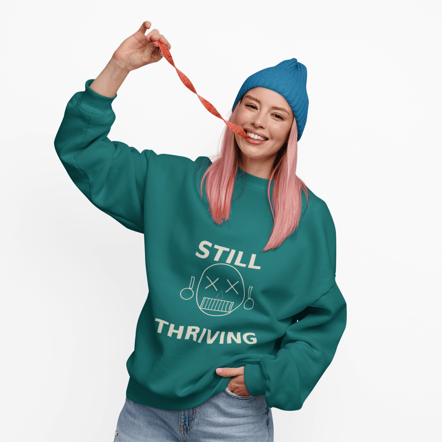 Still Thriving Crewneck Sweatshirt – Unisex Oversized Graphic Pullover, Dark Humor Skull Sweater, Minimal Streetwear Cre - JennyCool