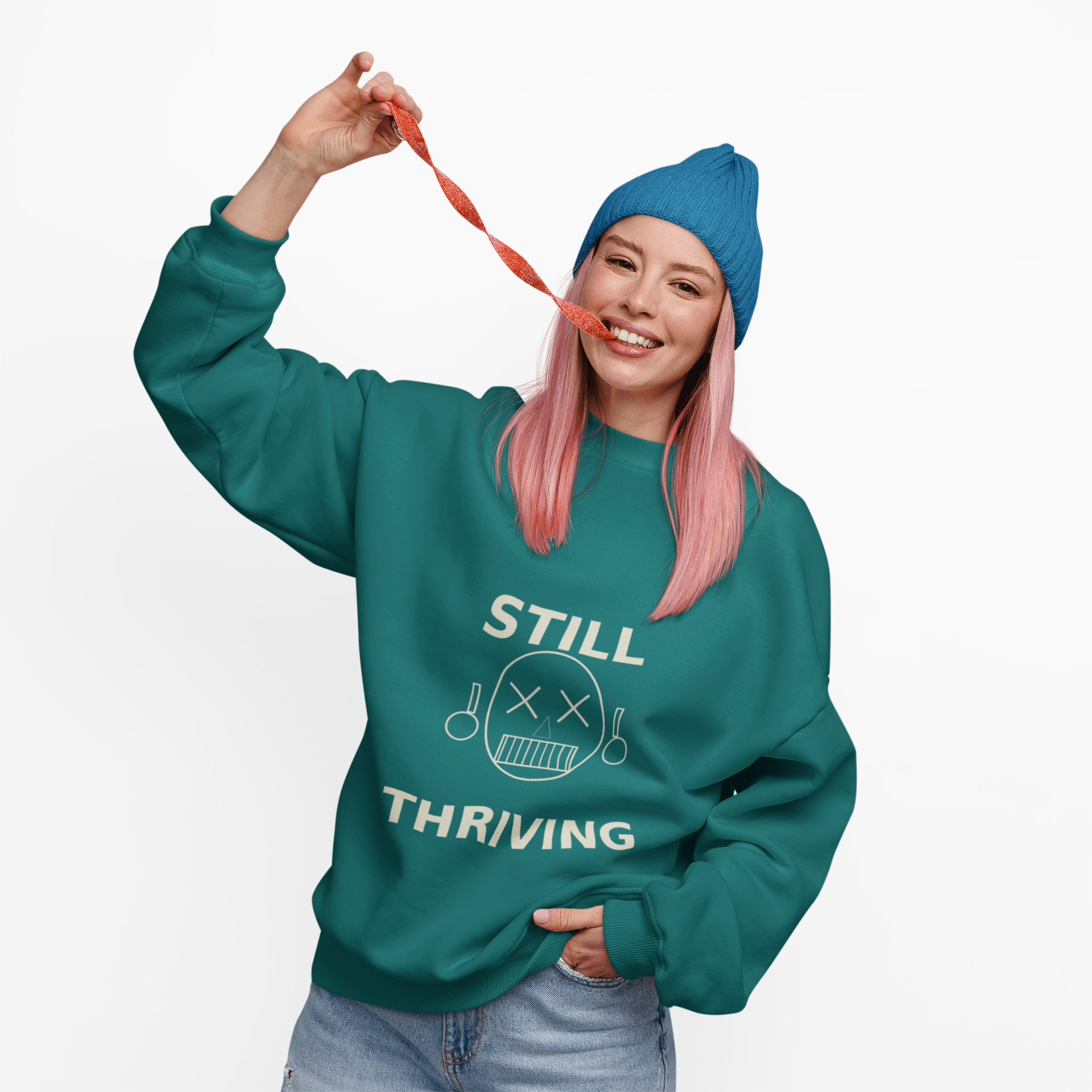 Still Thriving Crewneck Sweatshirt – Unisex Oversized Graphic Pullover, Dark Humor Skull Sweater, Minimal Streetwear Cre - JennyCool