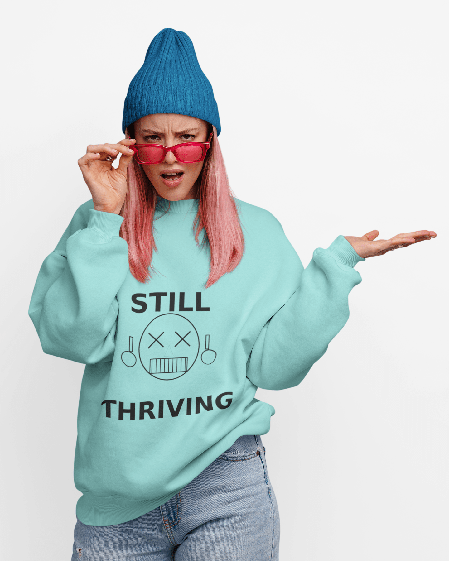 Still Thriving Crewneck Sweatshirt – Unisex Oversized Graphic Pullover, Dark Humor Skull Sweater, Minimal Streetwear Cre - JennyCool