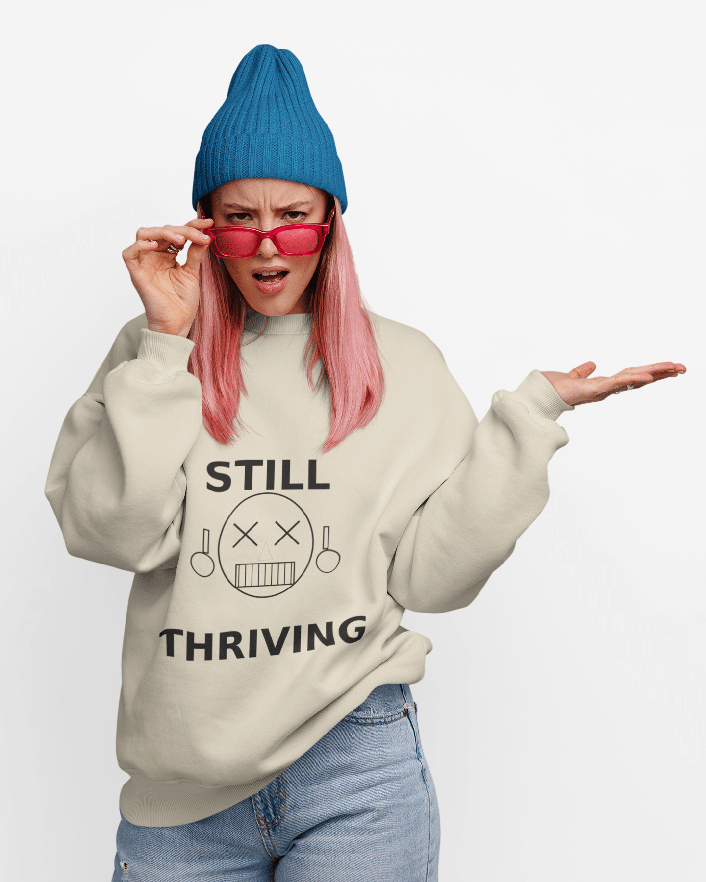 Still Thriving Crewneck Sweatshirt – Unisex Oversized Graphic Pullover, Dark Humor Skull Sweater, Minimal Streetwear Cre - JennyCool