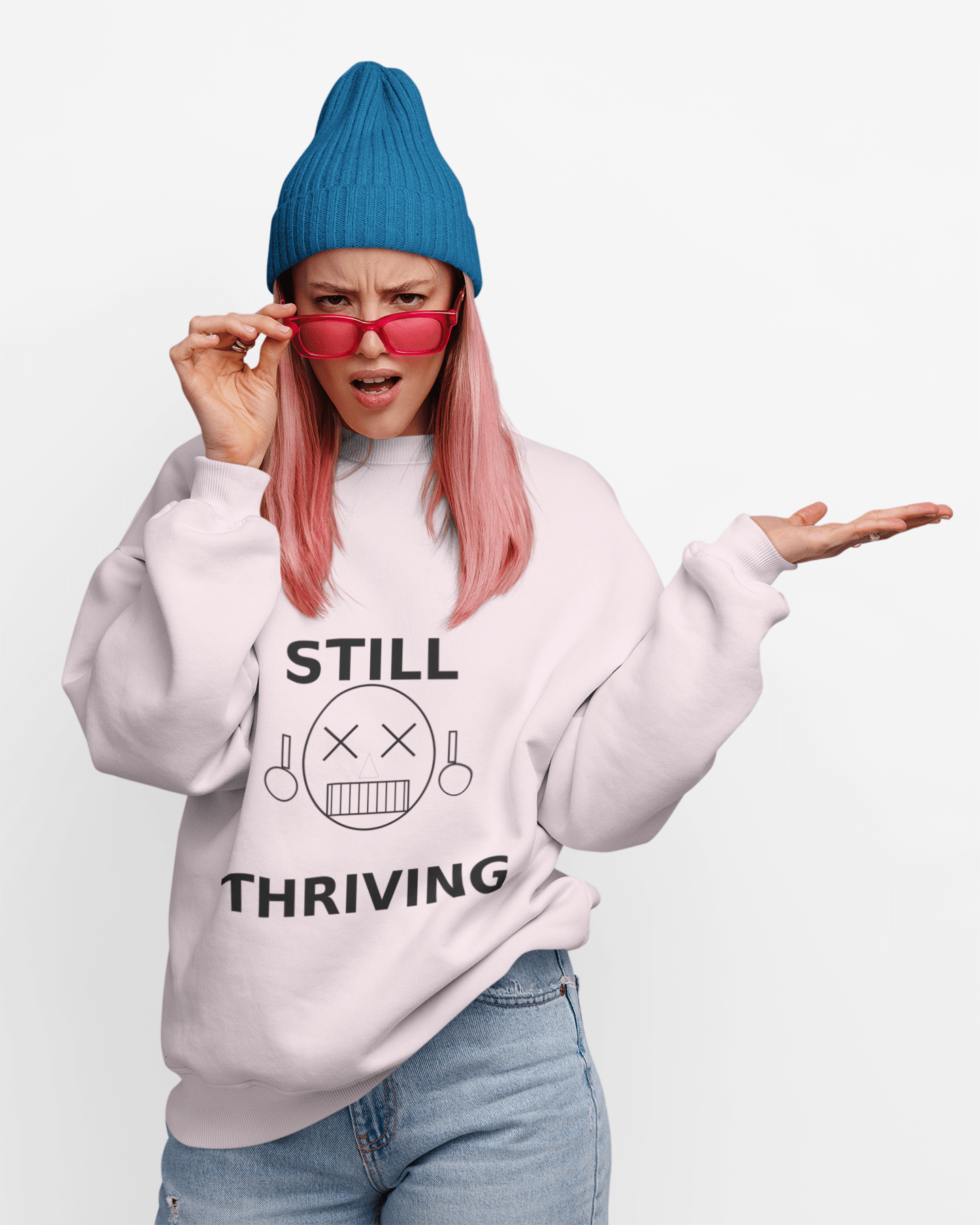 Still Thriving Crewneck Sweatshirt – Unisex Oversized Graphic Pullover, Dark Humor Skull Sweater, Minimal Streetwear Cre - JennyCool
