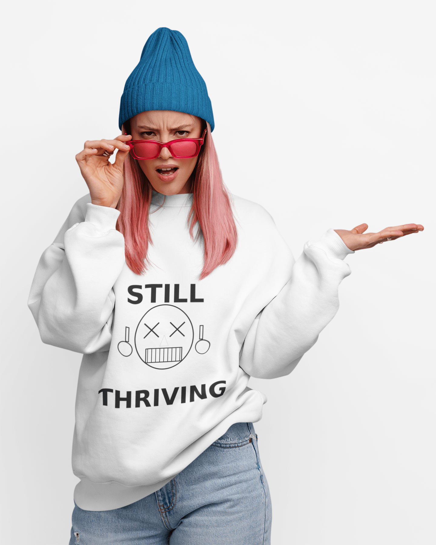 Still Thriving Crewneck Sweatshirt – Unisex Oversized Graphic Pullover, Dark Humor Skull Sweater, Minimal Streetwear Cre - JennyCool