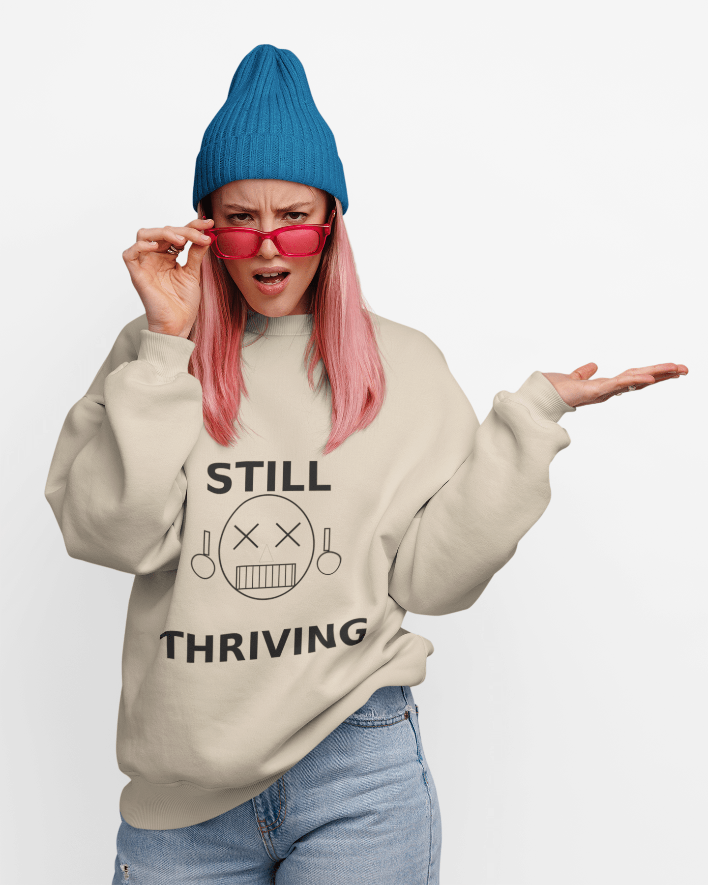 Still Thriving Crewneck Sweatshirt – Unisex Oversized Graphic Pullover, Dark Humor Skull Sweater, Minimal Streetwear Cre - JennyCool