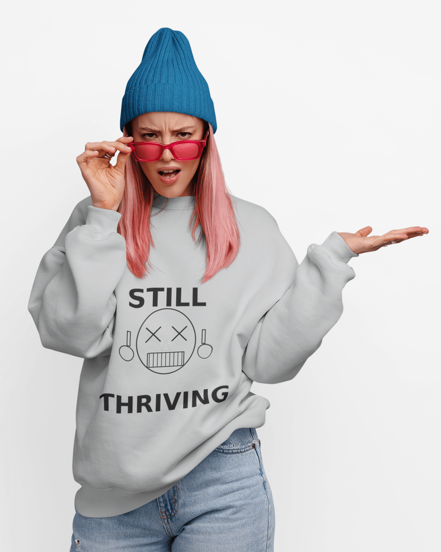 Still Thriving Crewneck Sweatshirt – Unisex Oversized Graphic Pullover, Dark Humor Skull Sweater, Minimal Streetwear Cre - JennyCool