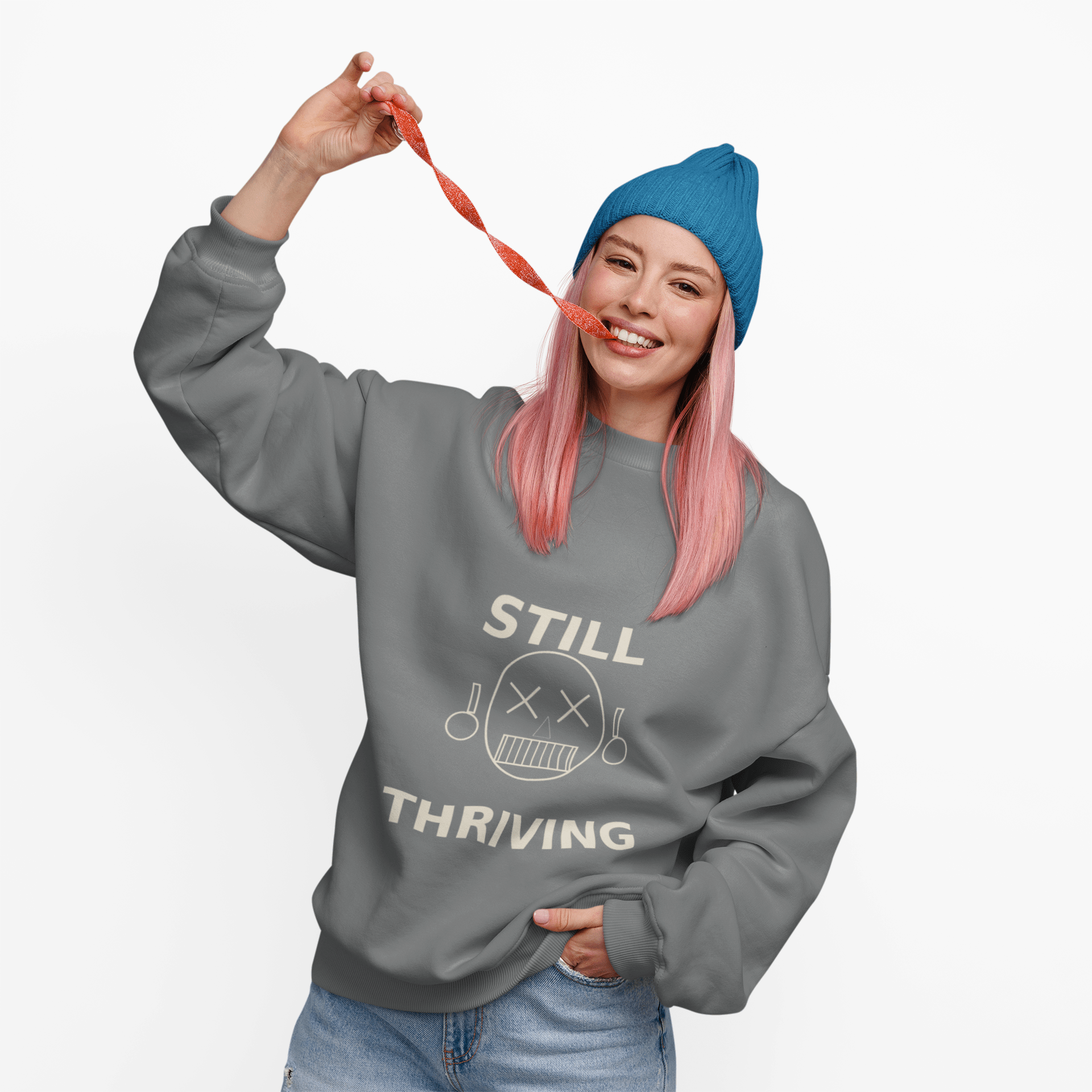 Still Thriving Crewneck Sweatshirt – Unisex Oversized Graphic Pullover, Dark Humor Skull Sweater, Minimal Streetwear Cre - JennyCool