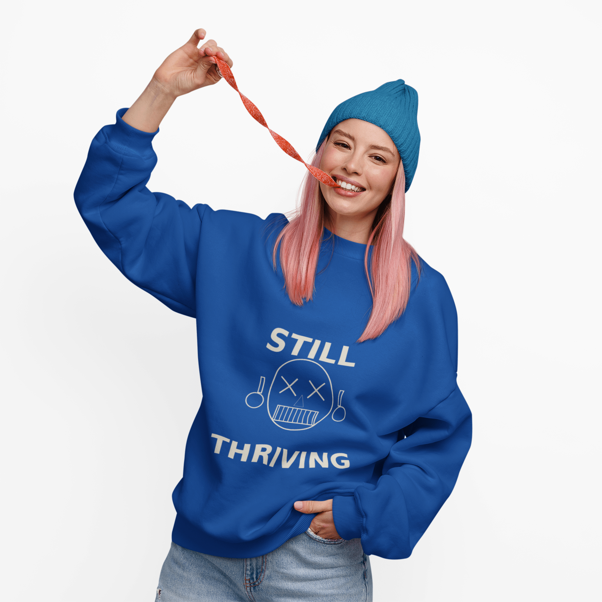 Still Thriving Crewneck Sweatshirt – Unisex Oversized Graphic Pullover, Dark Humor Skull Sweater, Minimal Streetwear Cre - JennyCool