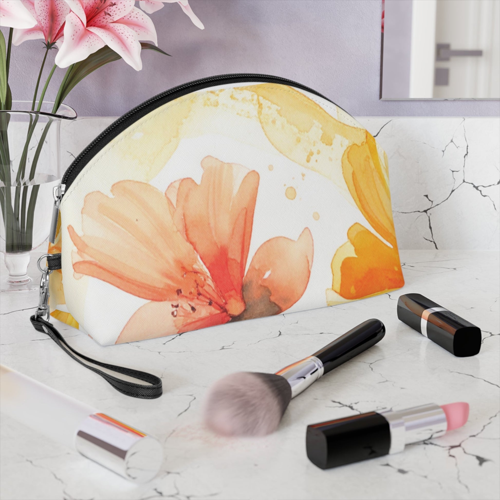Watercolor Floral Makeup Bag – Orange Flower Cosmetic Pouch, Faux Leather Travel Makeup Organizer - JennyCool